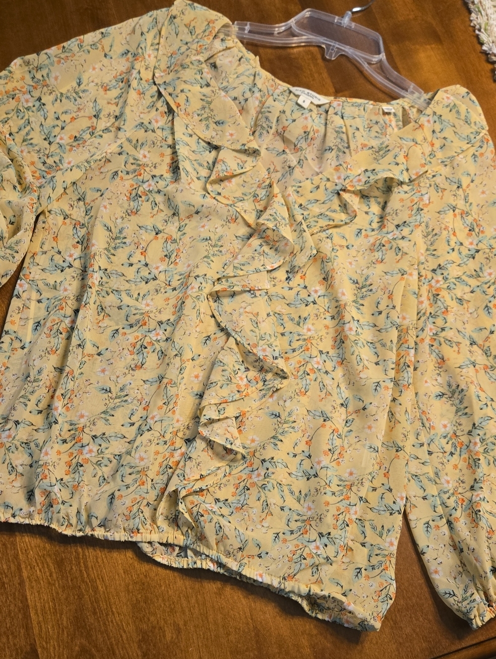 Max Studio Yellow Floral Blouse with Green Leaf Print